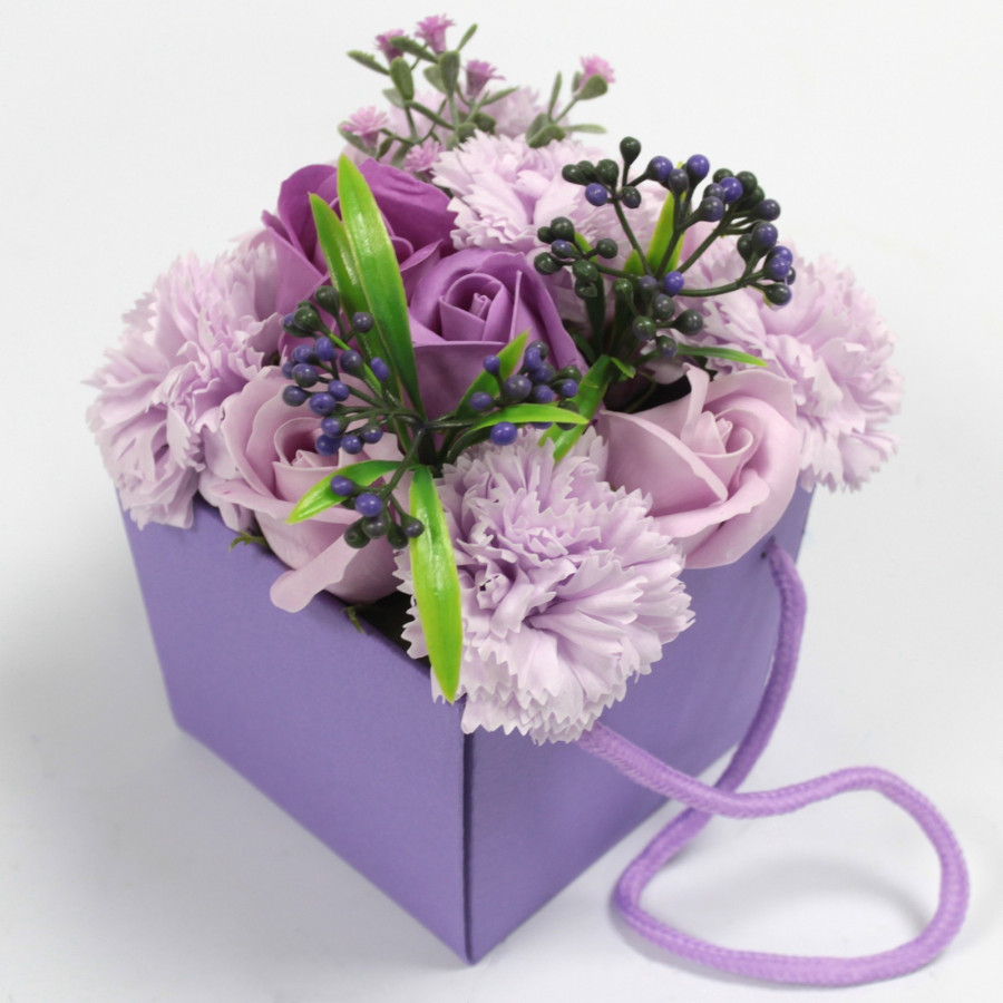 Seifenblumenstrauß, Bouquet, lila Rosen, Nelken