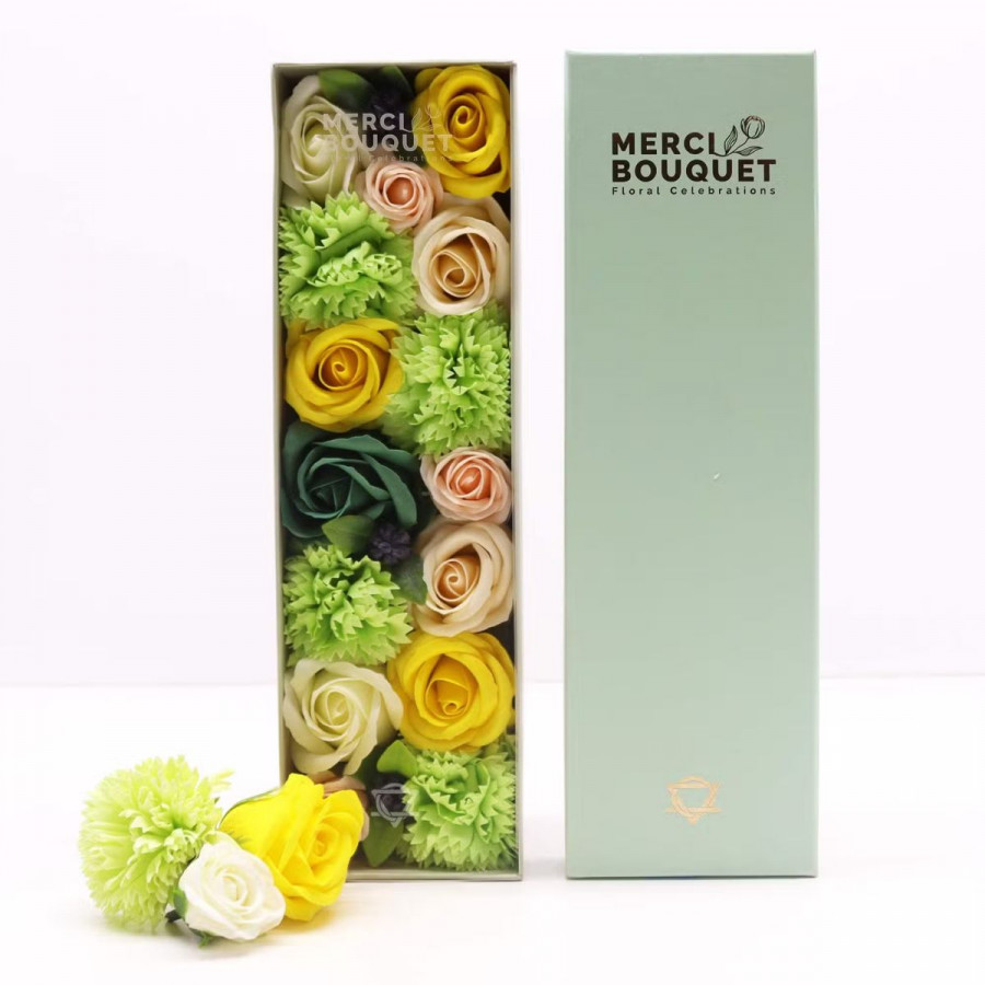 Seifenblumen Geschenkbox - Gelbe und Grüne Rosen