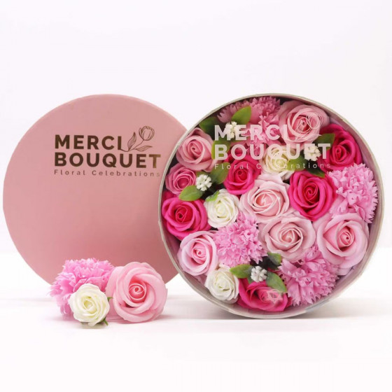 Seifenblumen in runder Geschenkbox - Rosa Rosen