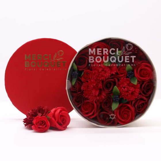 Seifenblumen in runder Geschenkbox - Rote Rosen