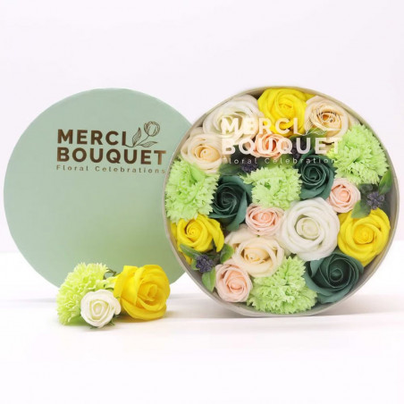 Seifenblumen Geschenkbox rund | Grüne & gelbe Rosen