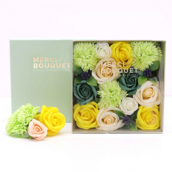 Seifenblumen Geschenkbox quadratisch | Grüne & gelbe Rosen