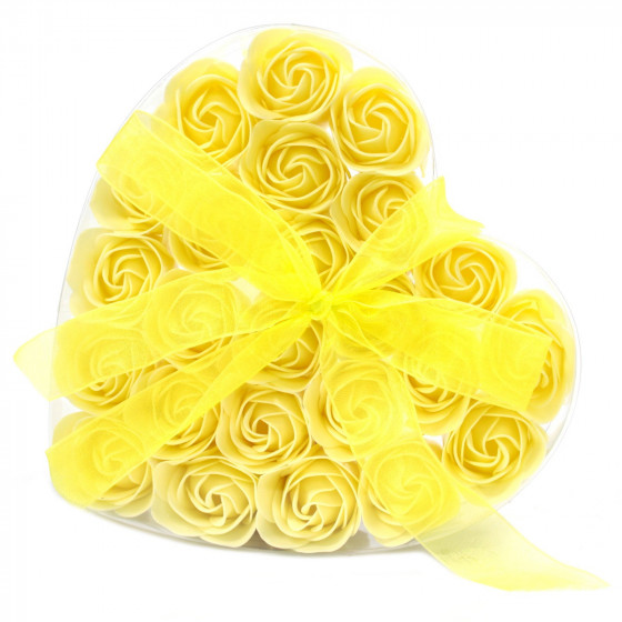 Herzbox mit 24 Seifenblumen | gelbe Rosen